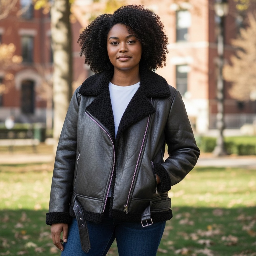 Ashley Stewart Black Faux Leather Shearling Aviator Jacket Womens 22/24 Plus